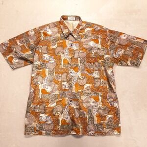 Vintage Thai Silk Mens Lux Sport SS Button Shirt 3XL Gold Abstract Pattern